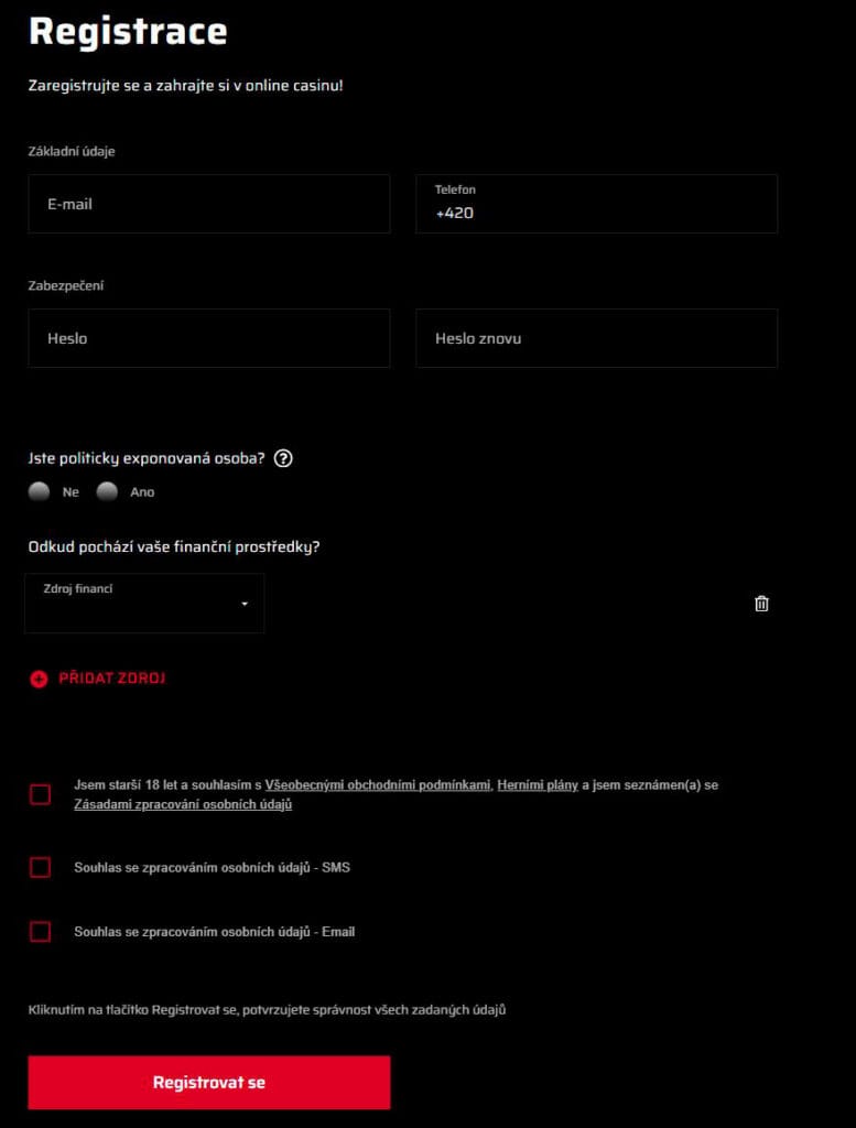 Registrační formulář kasina 69games